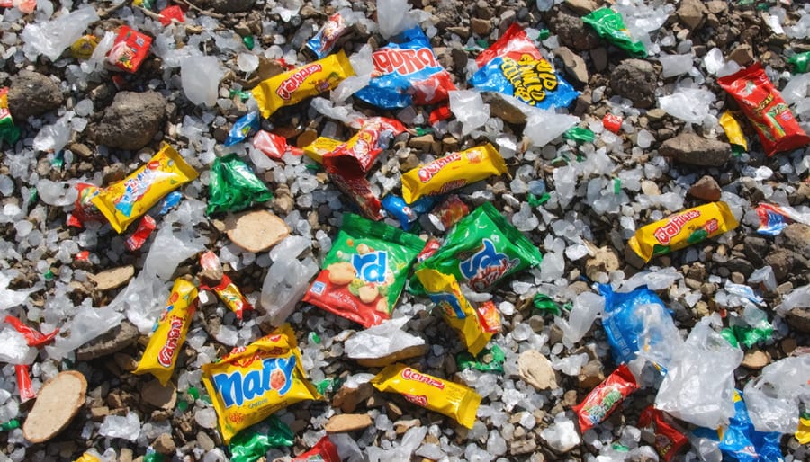 Landfill site featuring numerous discarded candy wrappers, highlighting environmental waste concerns