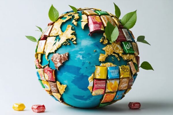 Conceptual image of a globe formed by candy wrappers with sustainability themes, including plant leaves and recycle symbols, representing eco-friendly packaging solutions.