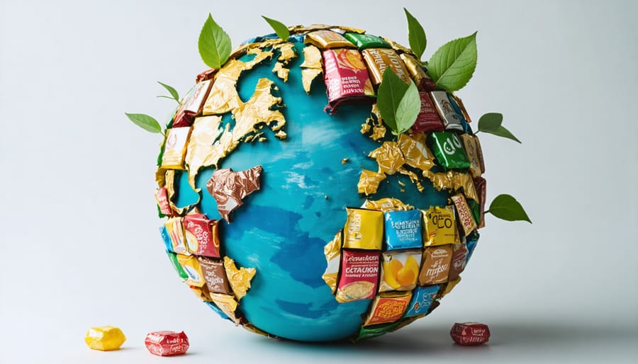 Conceptual image of a globe formed by candy wrappers with sustainability themes, including plant leaves and recycle symbols, representing eco-friendly packaging solutions.