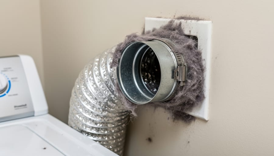 Dryer vent hose partially disconnected behind a dryer, showing lint and dust buildup around the connection