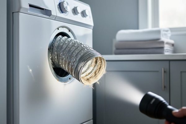 Close-up of a dryer vent opening with lint buildup visible under a flashlight while the duct is detached in a laundry room.