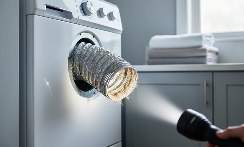 Close-up of a dryer vent opening with lint buildup visible under a flashlight while the duct is detached in a laundry room.
