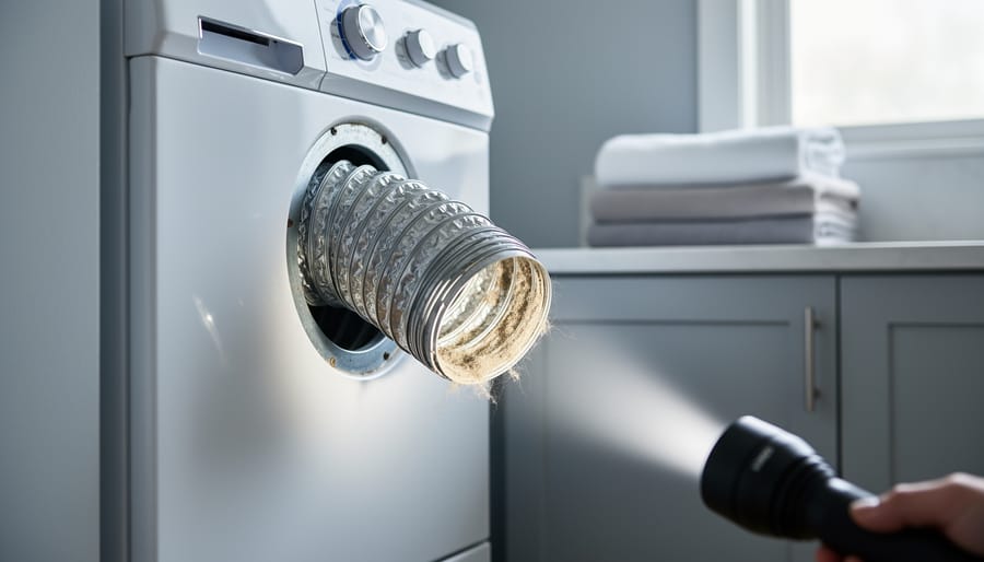 Close-up of a dryer vent opening with lint buildup visible under a flashlight while the duct is detached in a laundry room.
