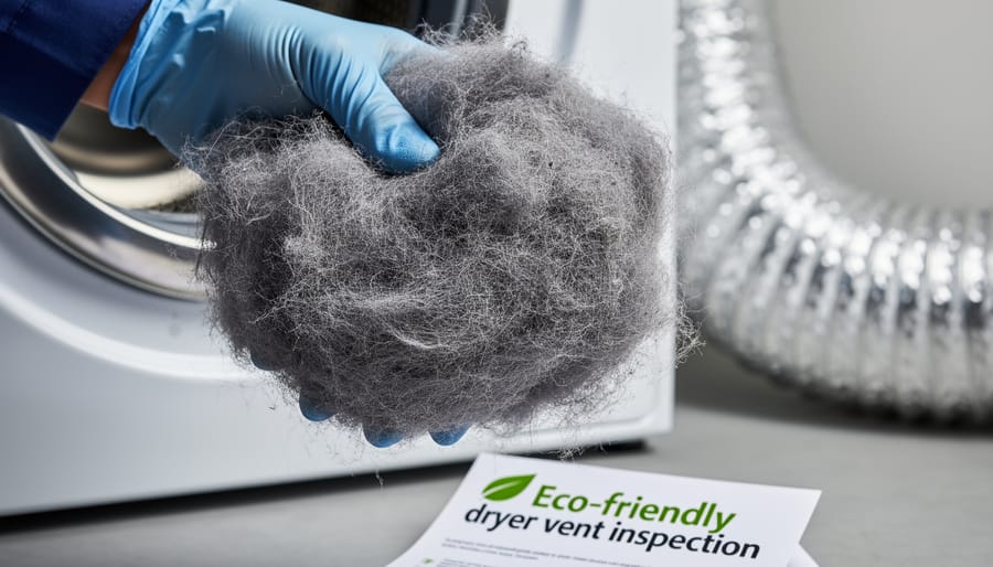 Close-up of a gloved hand holding lint removed from a dryer vent