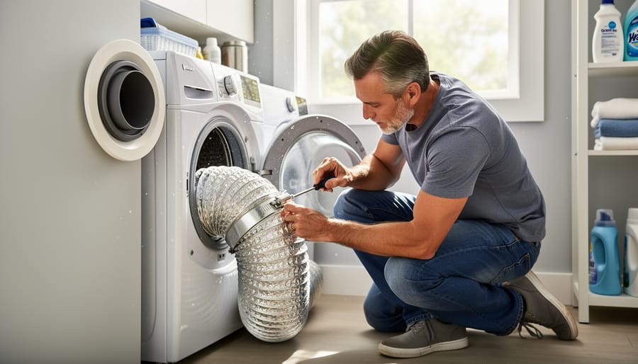 Homeowner reconnecting a clean dryer vent hose behind the dryer in a bright laundry room