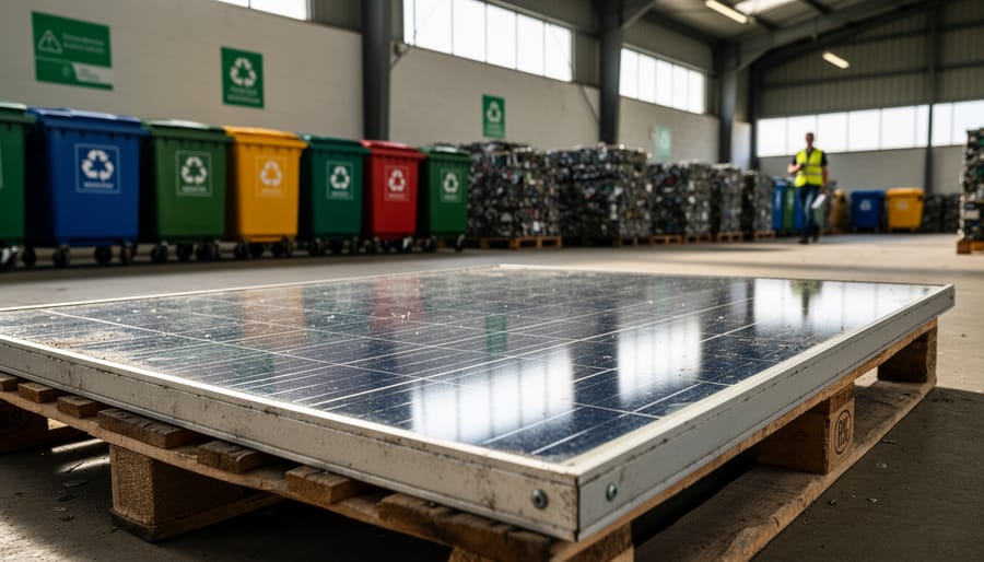 Close-up of a decommissioned solar panel staged for responsible recycling near storage bins.