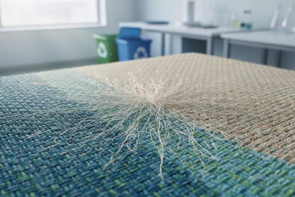 Close-up of a sustainable textile with mixed-fiber weave subtly transforming into fine biodegradable strands in a biotech-inspired setting.