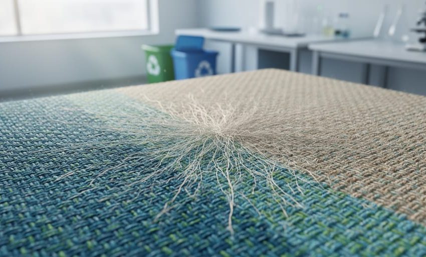 Close-up of a sustainable textile with mixed-fiber weave subtly transforming into fine biodegradable strands in a biotech-inspired setting.