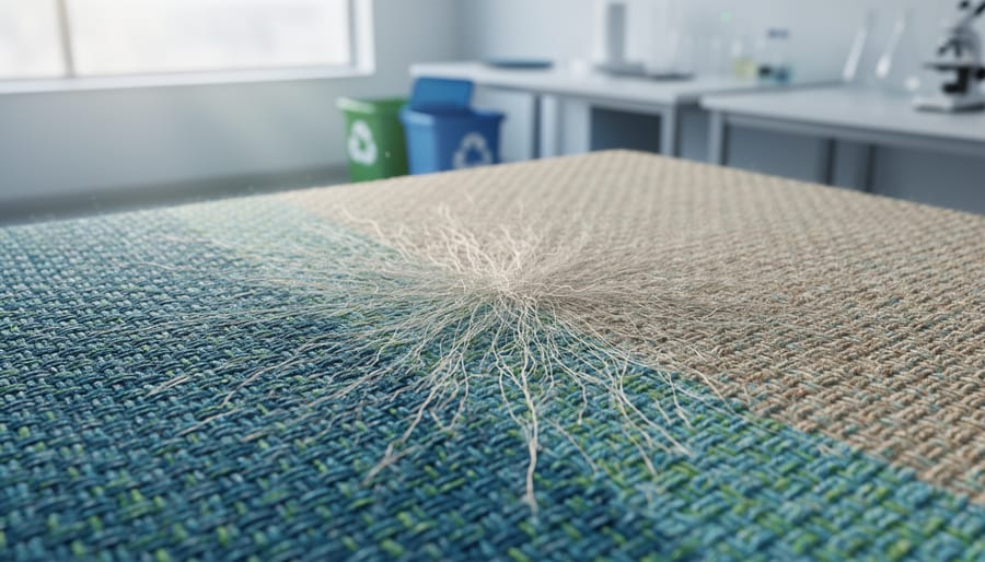 Close-up of a sustainable textile with mixed-fiber weave subtly transforming into fine biodegradable strands in a biotech-inspired setting.