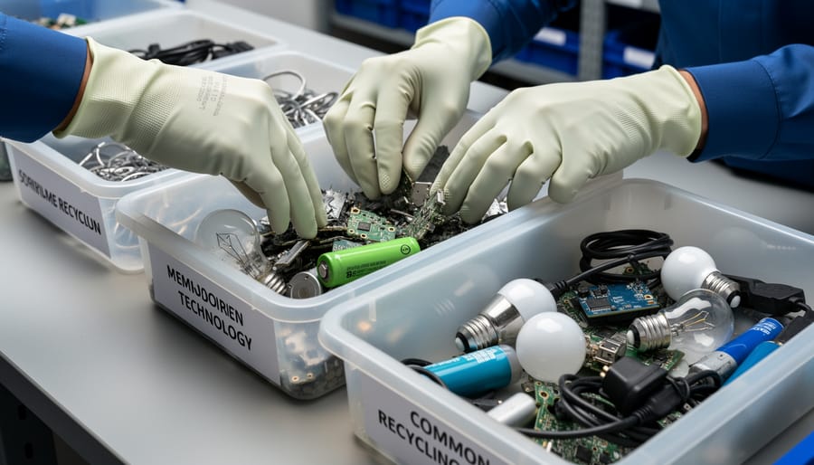 Gloved hands sorting an LED bulb, rechargeable battery pack, and smart energy monitor into separate recycling bins.