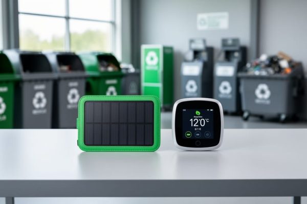 “Solar charger and smart thermostat placed on a recycling drop-off table in a certified e-waste facility setting.”