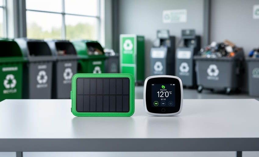 “Solar charger and smart thermostat placed on a recycling drop-off table in a certified e-waste facility setting.”