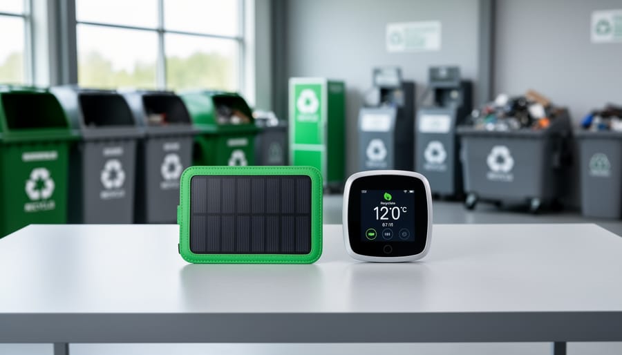 “Solar charger and smart thermostat placed on a recycling drop-off table in a certified e-waste facility setting.”