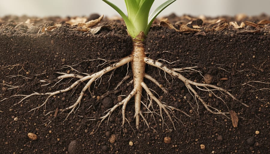 Macro view of plant roots in dark soil with fibrous strands visible