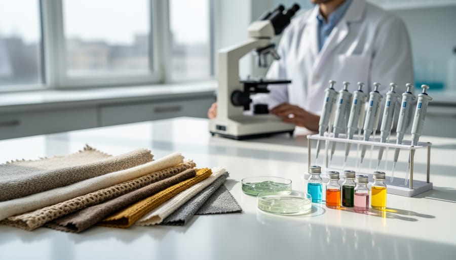 Natural-fiber fabric swatches on a studio table alongside lab tools and a small beaker