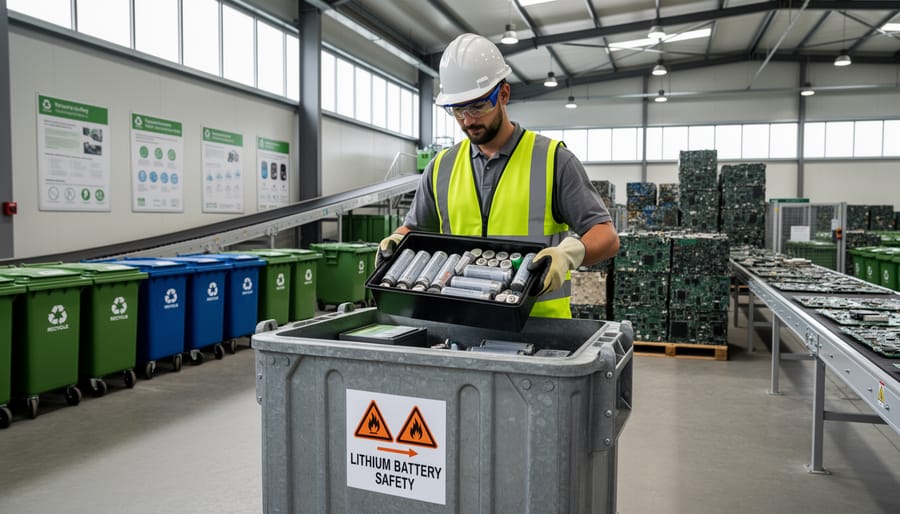 Recycling worker placing lithium battery cartridges into a fire-resistant containment container.