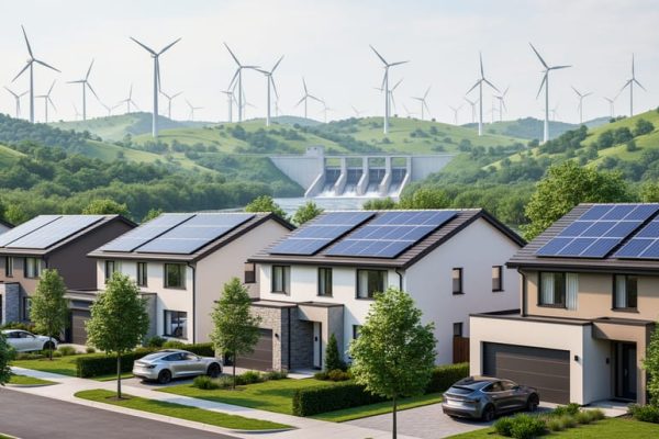 Rooftop solar panels and distant wind turbines over a green landscape with a small hydroelectric dam in the background under a bright sky.