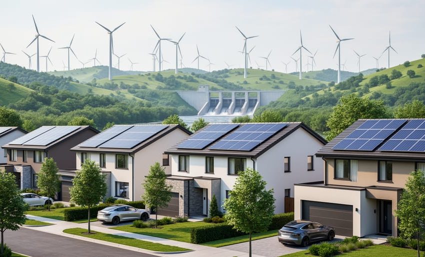 Rooftop solar panels and distant wind turbines over a green landscape with a small hydroelectric dam in the background under a bright sky.