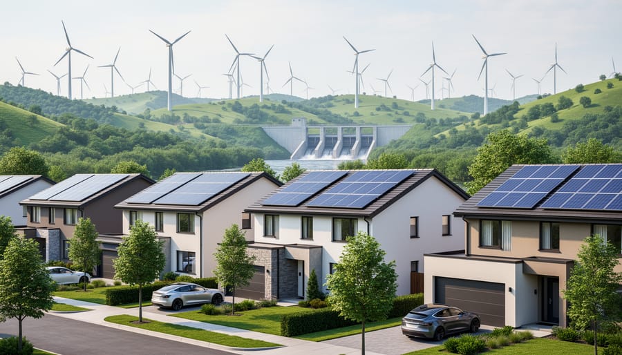 Rooftop solar panels and distant wind turbines over a green landscape with a small hydroelectric dam in the background under a bright sky.