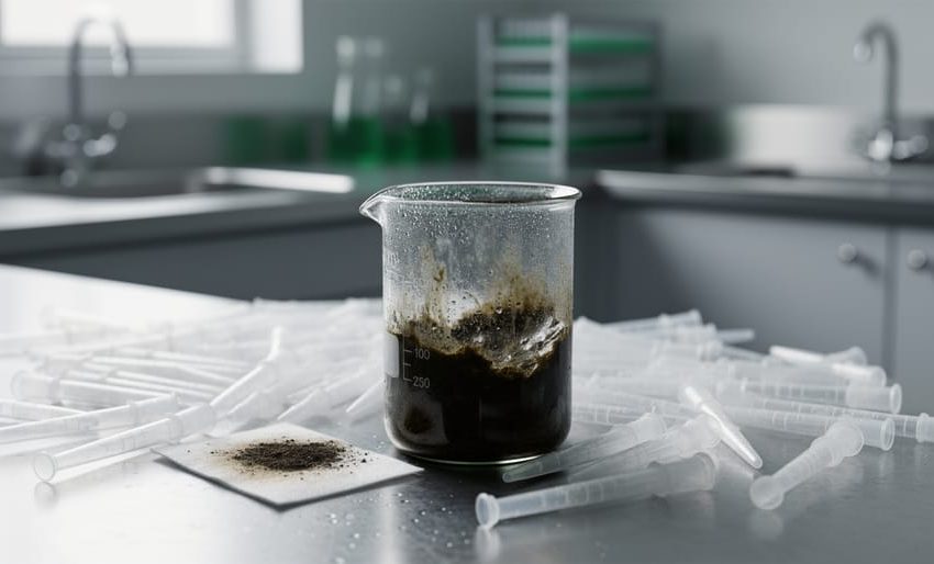 Close-up of discarded laboratory plastic pipette tips and used glass beaker with chemical residue on a lab bench, evoking environmental waste concerns.
