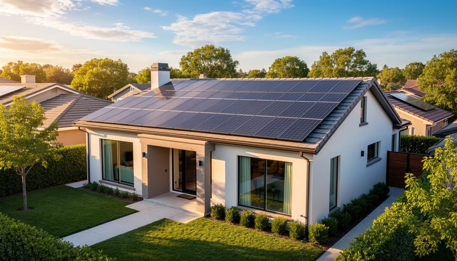 Rooftop solar panels on a modern home with warm golden sunlight reflecting off their surface
