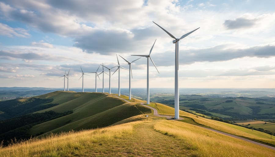 Wind turbines standing on a ridge with green fields in the foreground and a blue sky above