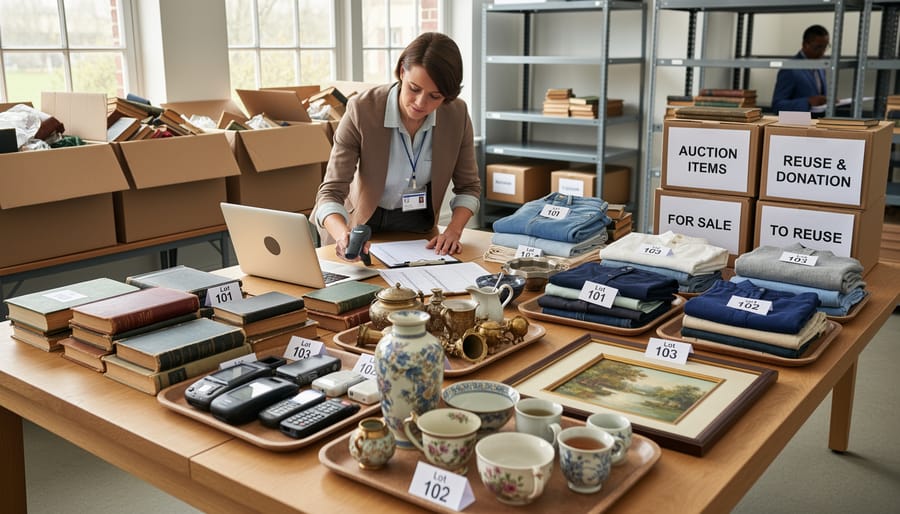 Gloved worker cataloging arranged house contents like china, linens, and a coat on a table