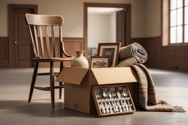 Empty auction house room with scattered household items, including a wooden chair, ceramic vase, framed photos, and textiles inside opened boxes near the window.