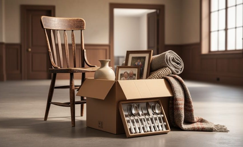 Empty auction house room with scattered household items, including a wooden chair, ceramic vase, framed photos, and textiles inside opened boxes near the window.