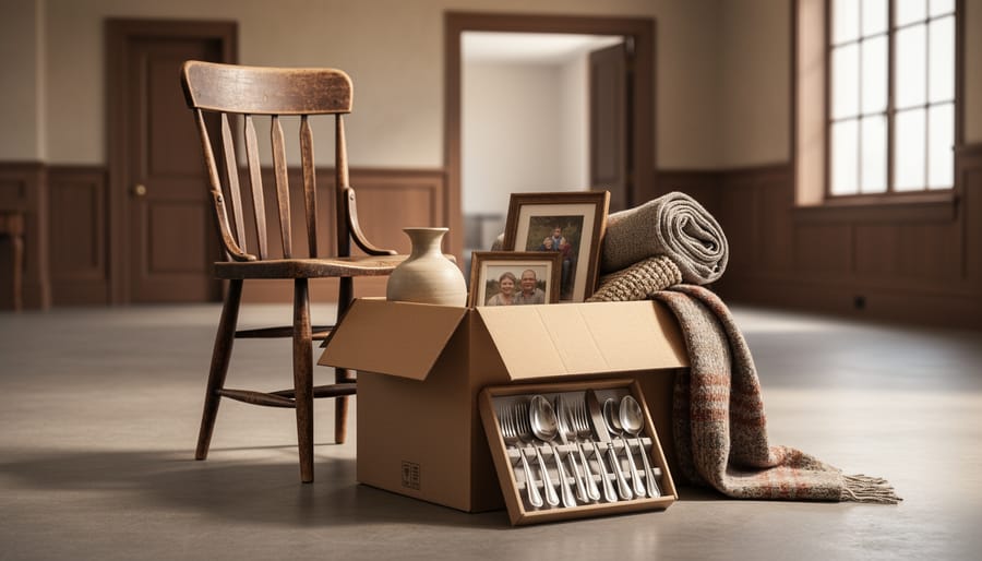 Empty auction house room with scattered household items, including a wooden chair, ceramic vase, framed photos, and textiles inside opened boxes near the window.