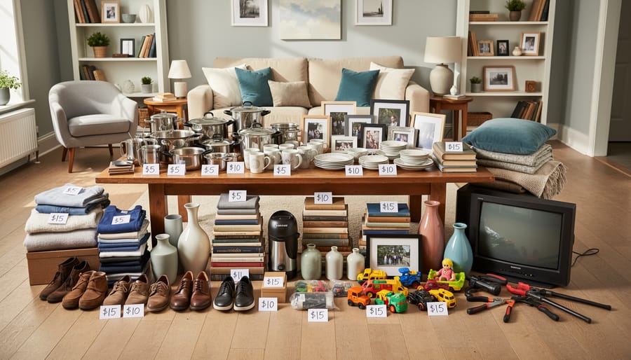 Empty living room with furniture, kitchen items, and boxed personal belongings prepared for an auction