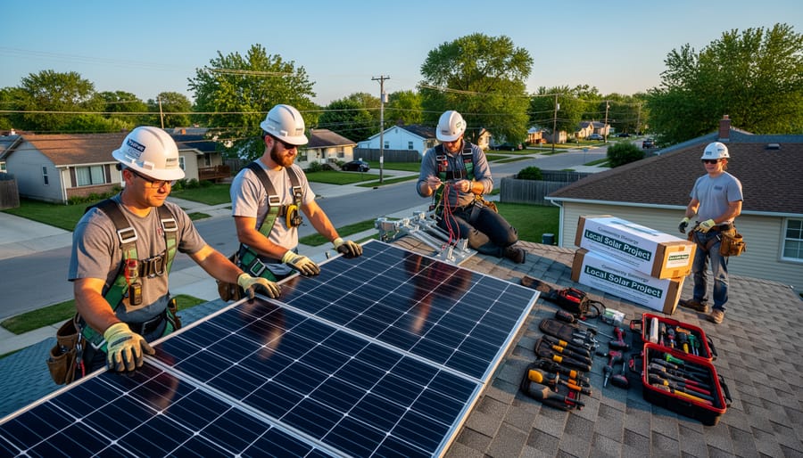 A local crew installing solar panels on residential rooftops during golden hour