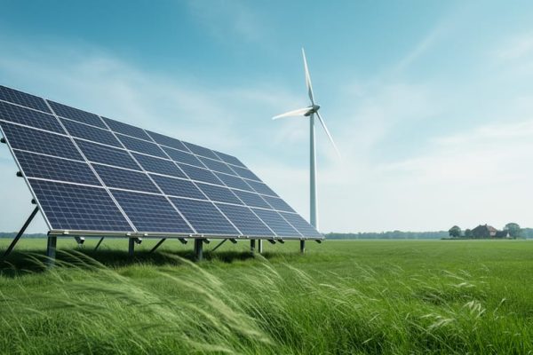 Solar panels and a wind turbine generating renewable energy in a green landscape under soft daylight.