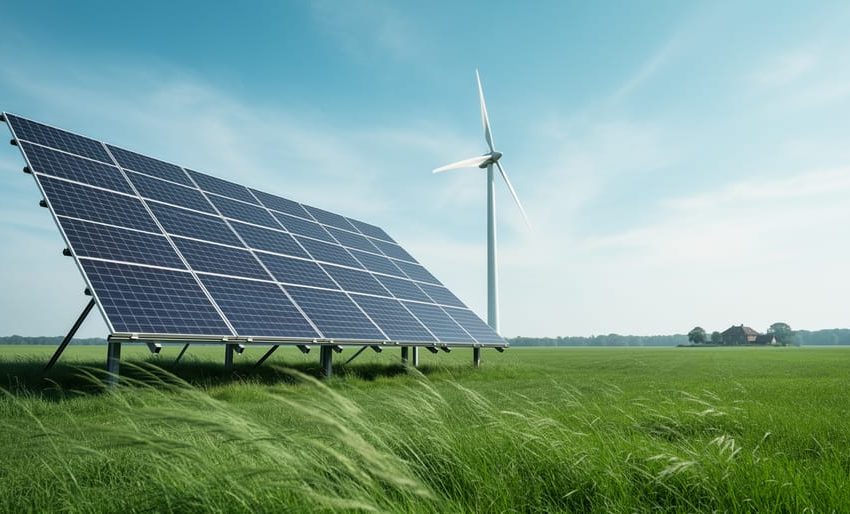 Solar panels and a wind turbine generating renewable energy in a green landscape under soft daylight.