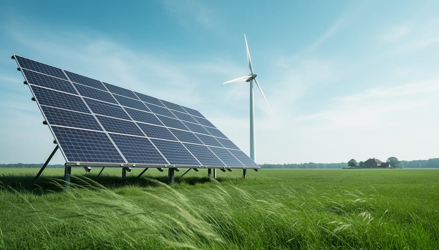 Solar panels and a wind turbine generating renewable energy in a green landscape under soft daylight.