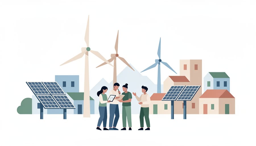Diverse workers and engineers standing together near solar panels at an outdoor renewable energy site
