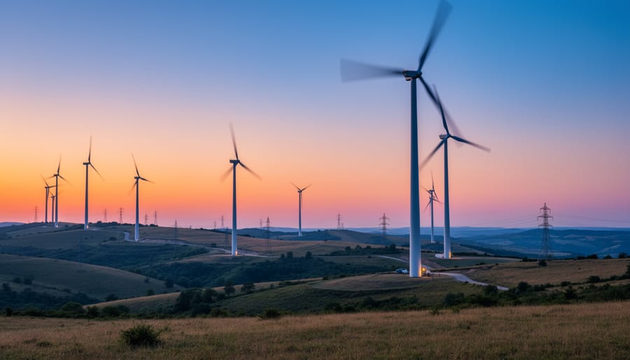 Wind turbines in a wind farm at dusk with foreground grass in focus
