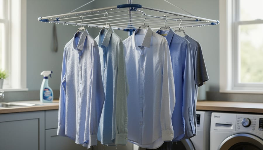 Rescued light-colored shirt hanging on a clothesline in warm sunlight while drying outdoors.