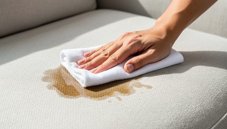 Close-up of a hand blotting a coffee stain on a light T-shirt using a white microfiber cloth.