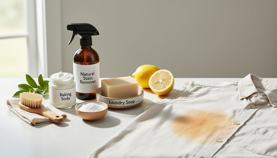 Eco-friendly stain removal tools and a cotton shirt arranged on a kitchen counter, including vinegar, baking soda, lemon, castile soap, and a soft brush.
