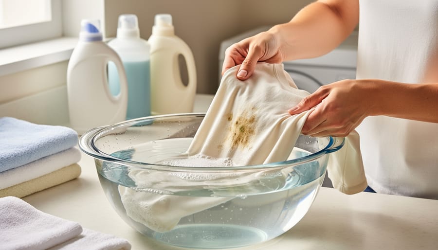 Garment submerged in a clear water soak for stain lifting with bubbles visible on the fabric.