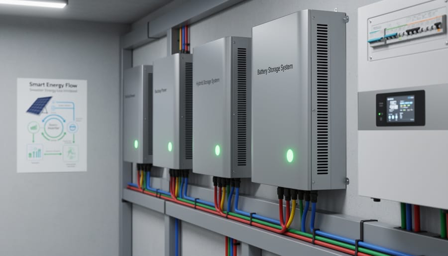 Homeowner standing beside a battery storage unit and solar inverter equipment in a garage