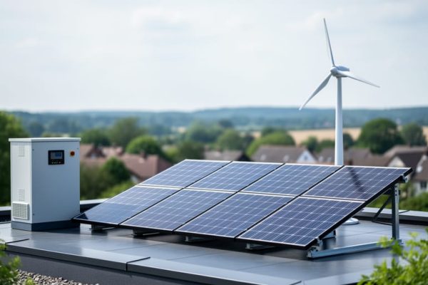 Solar panels, a wind turbine, and an energy storage unit shown together in a clean modern hybrid renewable energy system.