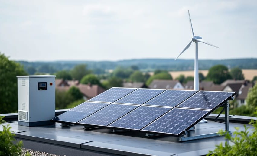 Solar panels, a wind turbine, and an energy storage unit shown together in a clean modern hybrid renewable energy system.