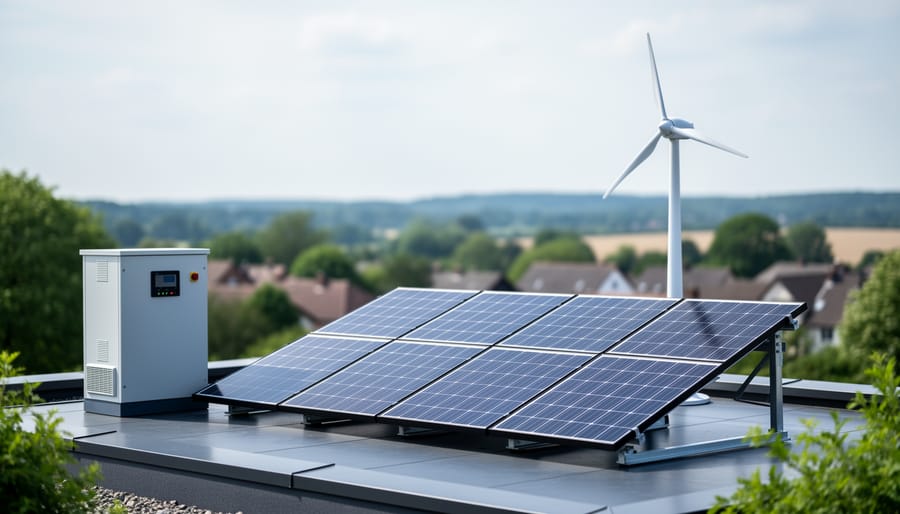 Solar panels, a wind turbine, and an energy storage unit shown together in a clean modern hybrid renewable energy system.