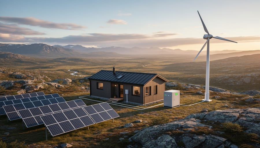 Eco-cabin and surrounding landscape with visible rooftop solar panels and a small wind turbine at sunset