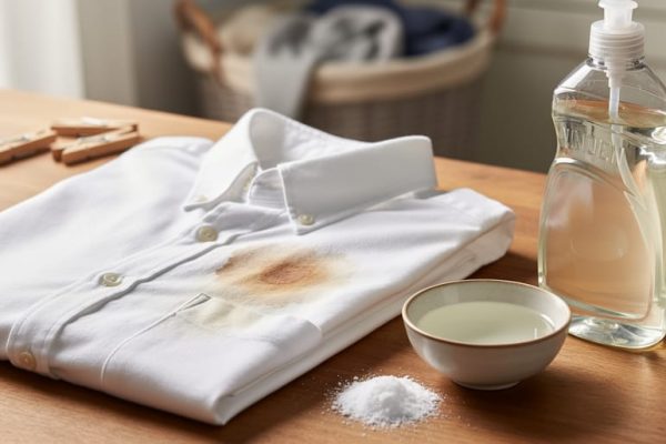 “Stained white shirt on a wooden counter with white vinegar, baking soda, and dish soap used to treat residue with natural cleaners.”