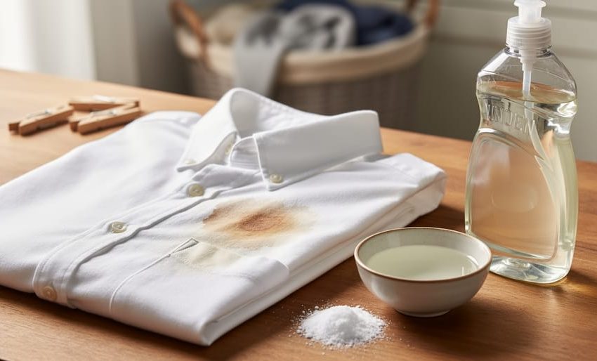 “Stained white shirt on a wooden counter with white vinegar, baking soda, and dish soap used to treat residue with natural cleaners.”