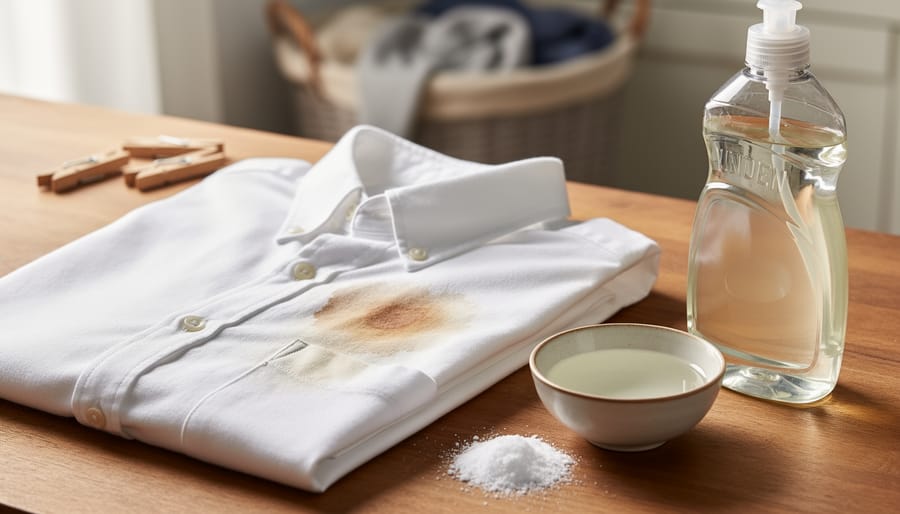 “Stained white shirt on a wooden counter with white vinegar, baking soda, and dish soap used to treat residue with natural cleaners.”