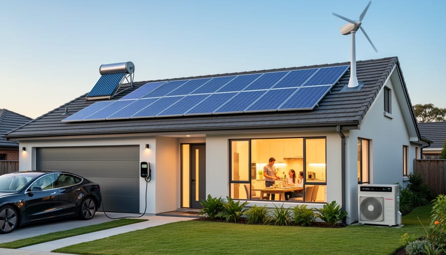 Wide view of a modern house with rooftop solar panels and a distant wind turbine under a cloudy sky